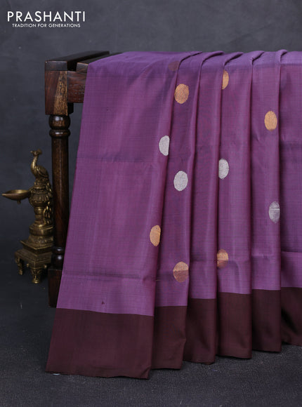 Pure uppada silk saree pastel purple and coffee brown with silver & gold zari woven coin buttas and simple border