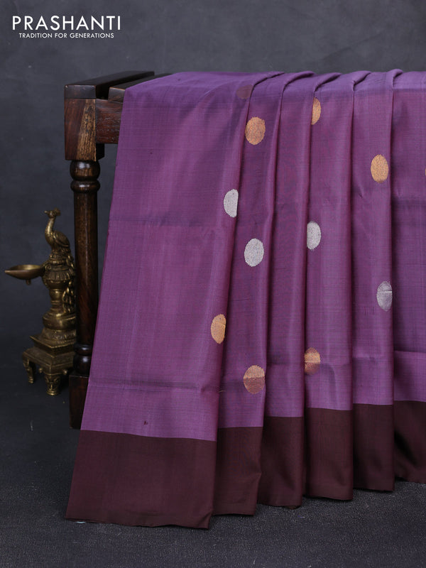 Pure uppada silk saree pastel purple and coffee brown with silver & gold zari woven coin buttas and simple border
