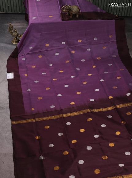 Pure uppada silk saree pastel purple and coffee brown with silver & gold zari woven coin buttas and simple border