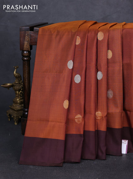 Pure uppada silk saree honey shade and coffee brown with silver & gold zari woven coin buttas and simple border