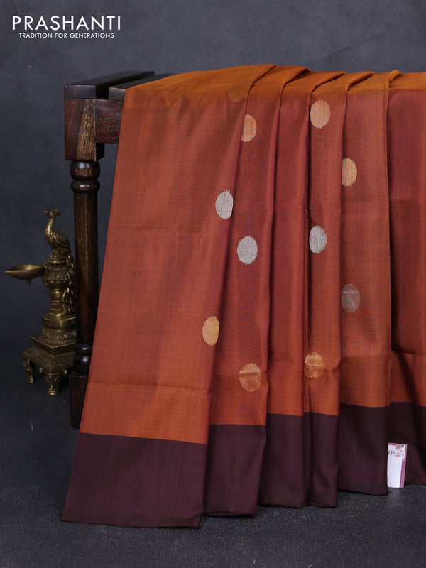 Pure uppada silk saree honey shade and coffee brown with silver & gold zari woven coin buttas and simple border