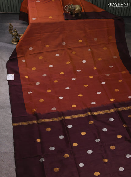 Pure uppada silk saree honey shade and coffee brown with silver & gold zari woven coin buttas and simple border