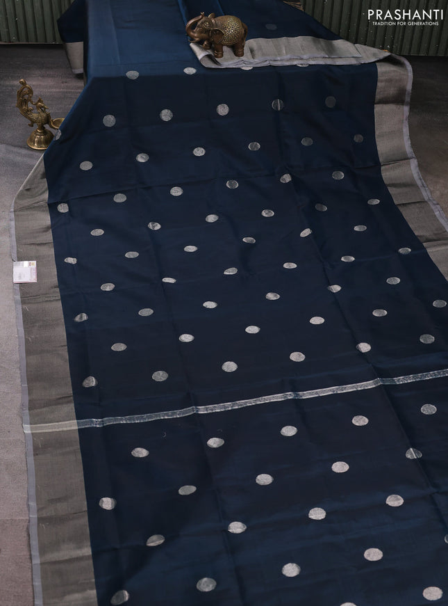Pure uppada silk saree peacock green and pastel grey with silver zari woven coin buttas and silver zari woven border