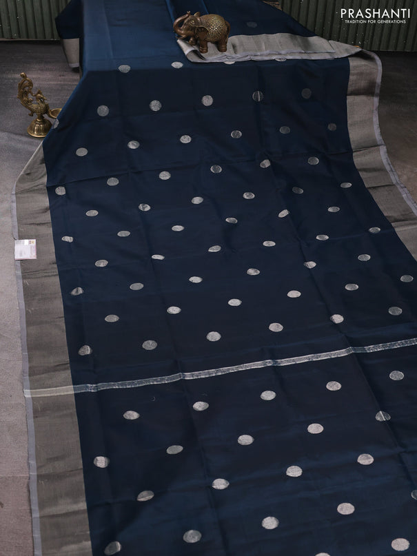 Pure uppada silk saree peacock green and pastel grey with silver zari woven coin buttas and silver zari woven border