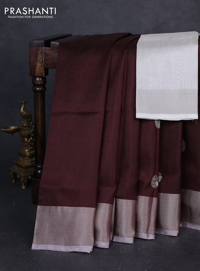 Pure uppada silk saree coffee brown and pastel grey with silver zari woven coin buttas and silver zari woven border