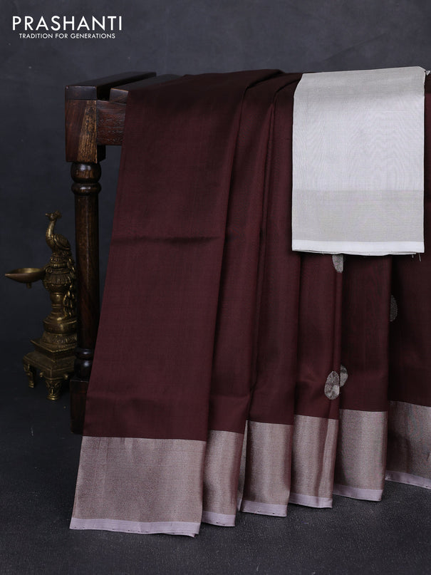 Pure uppada silk saree coffee brown and pastel grey with silver zari woven coin buttas and silver zari woven border