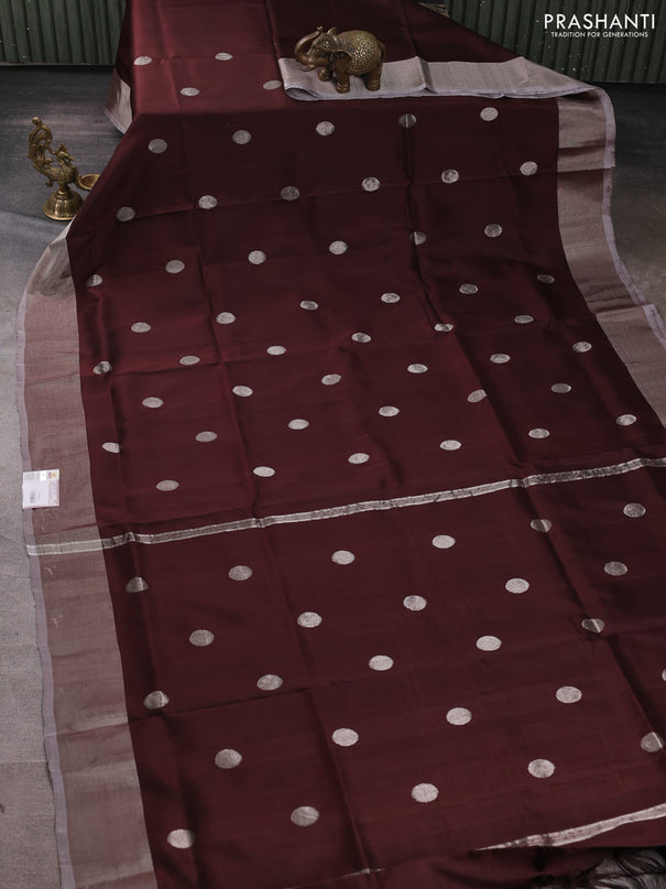 Pure uppada silk saree coffee brown and pastel grey with silver zari woven coin buttas and silver zari woven border