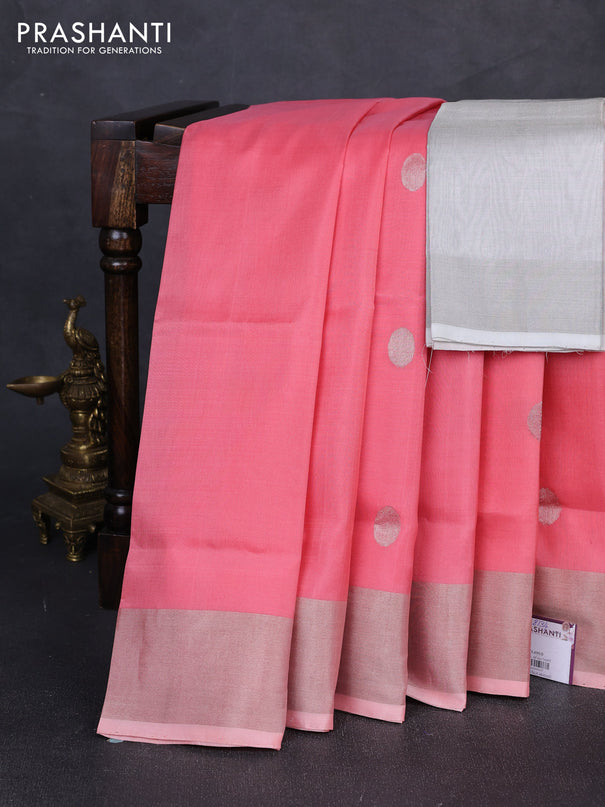 Pure uppada silk saree peach pink with silver zari woven coin buttas and silver zari woven border