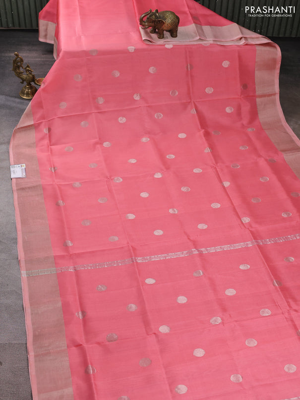 Pure uppada silk saree peach pink with silver zari woven coin buttas and silver zari woven border