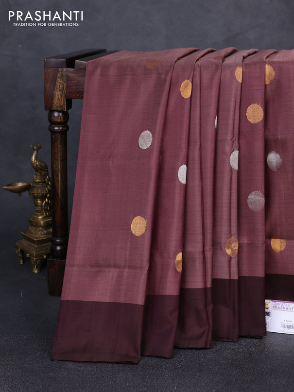 Pure uppada silk saree pastel brown and coffee brown with silver & gold zari woven coin buttas and simple border
