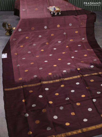 Pure uppada silk saree pastel brown and coffee brown with silver & gold zari woven coin buttas and simple border