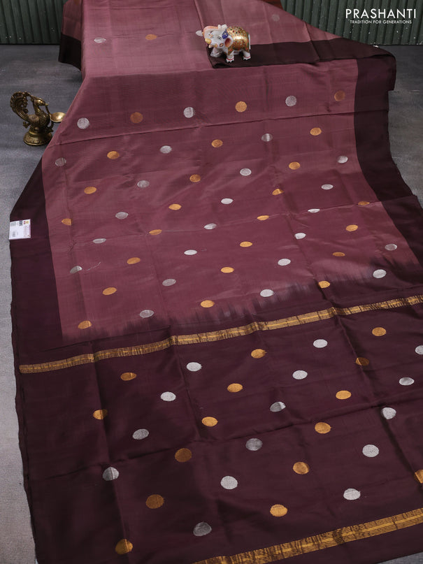 Pure uppada silk saree pastel brown and coffee brown with silver & gold zari woven coin buttas and simple border