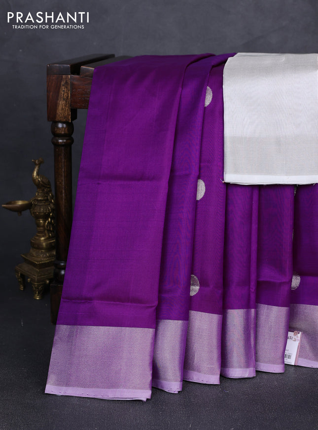 Pure uppada silk saree purple with silver zari woven coin buttas and silver zari woven border