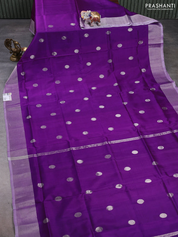 Pure uppada silk saree purple with silver zari woven coin buttas and silver zari woven border