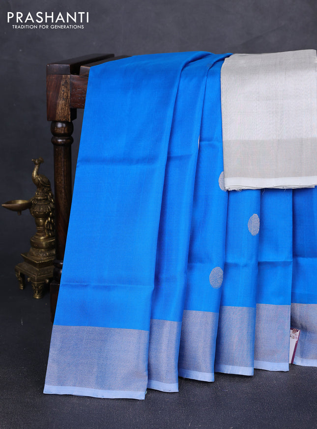 Pure uppada silk saree cs blue with silver zari woven coin buttas and silver zari woven border