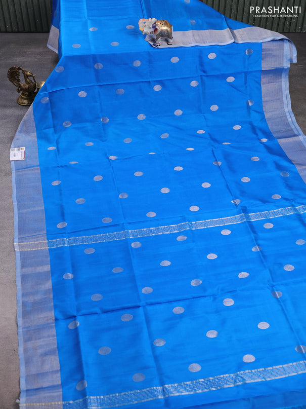 Pure uppada silk saree cs blue with silver zari woven coin buttas and silver zari woven border