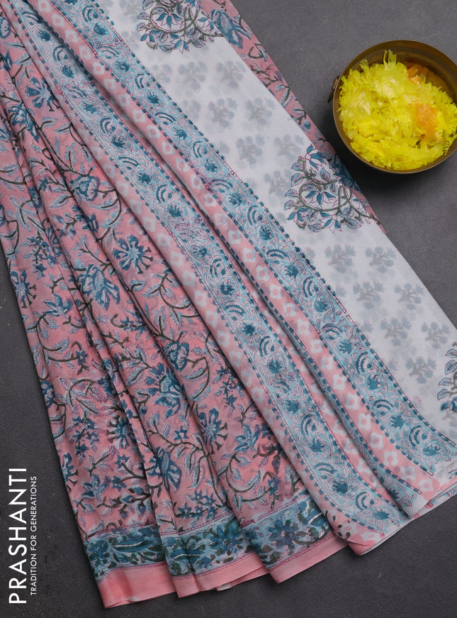 Georgette saree peach and teal green with allover kalamkari block prints and printed border