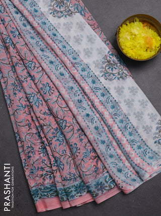 Georgette saree peach and teal green with allover kalamkari block prints and printed border