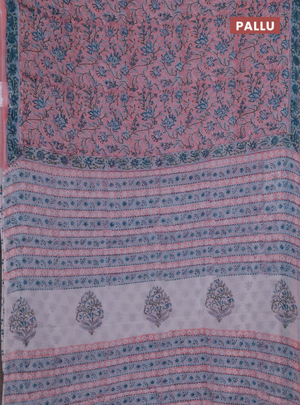 Georgette saree peach and teal green with allover kalamkari block prints and printed border