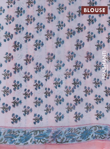 Georgette saree peach and teal green with allover kalamkari block prints and printed border