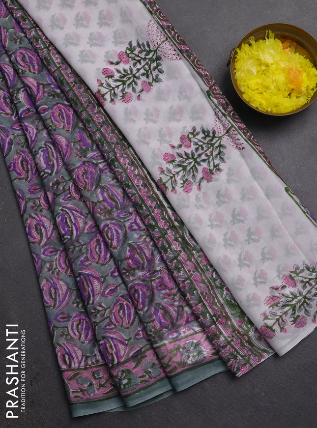 Georgette saree pastel green and mauve pink with allover kalamkari block prints and printed border