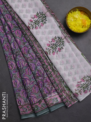 Georgette saree pastel green and mauve pink with allover kalamkari block prints and printed border