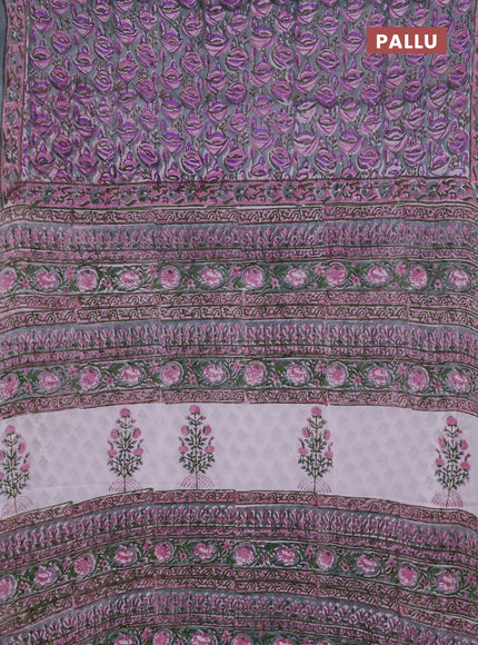 Georgette saree pastel green and mauve pink with allover kalamkari block prints and printed border