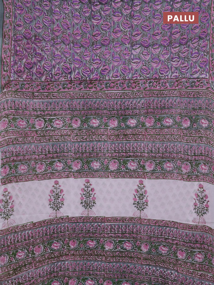 Georgette saree pastel green and mauve pink with allover kalamkari block prints and printed border