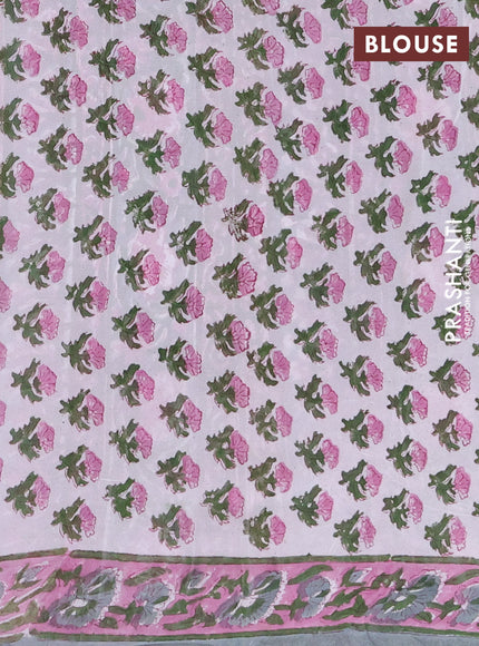 Georgette saree pastel green and mauve pink with allover kalamkari block prints and printed border