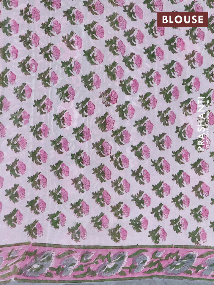 Georgette saree pastel green and mauve pink with allover kalamkari block prints and printed border