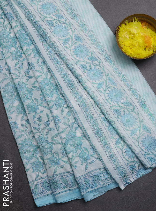 Georgette saree off white and light blue with allover kalamkari block prints and simple border