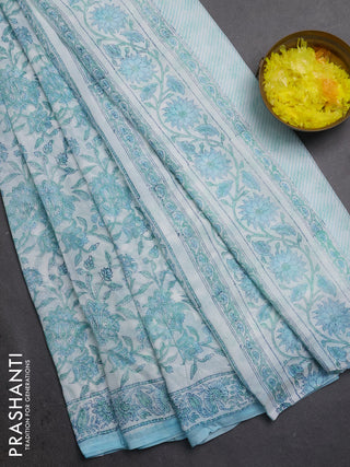 Georgette saree off white and light blue with allover kalamkari block prints and simple border
