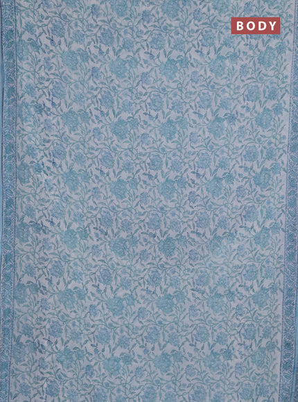 Georgette saree off white and light blue with allover kalamkari block prints and simple border