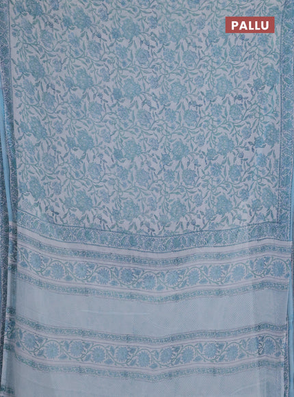 Georgette saree off white and light blue with allover kalamkari block prints and simple border