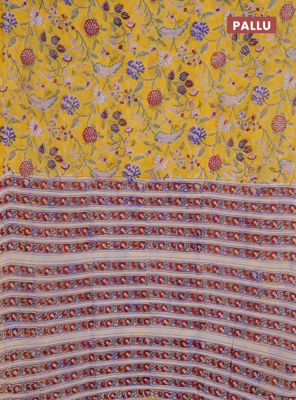 Georgette saree yellow and cream with allover kalamkari block prints and simple border