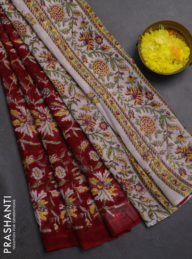 Georgette saree maroon and off white with allover kalamkari block prints and simple border
