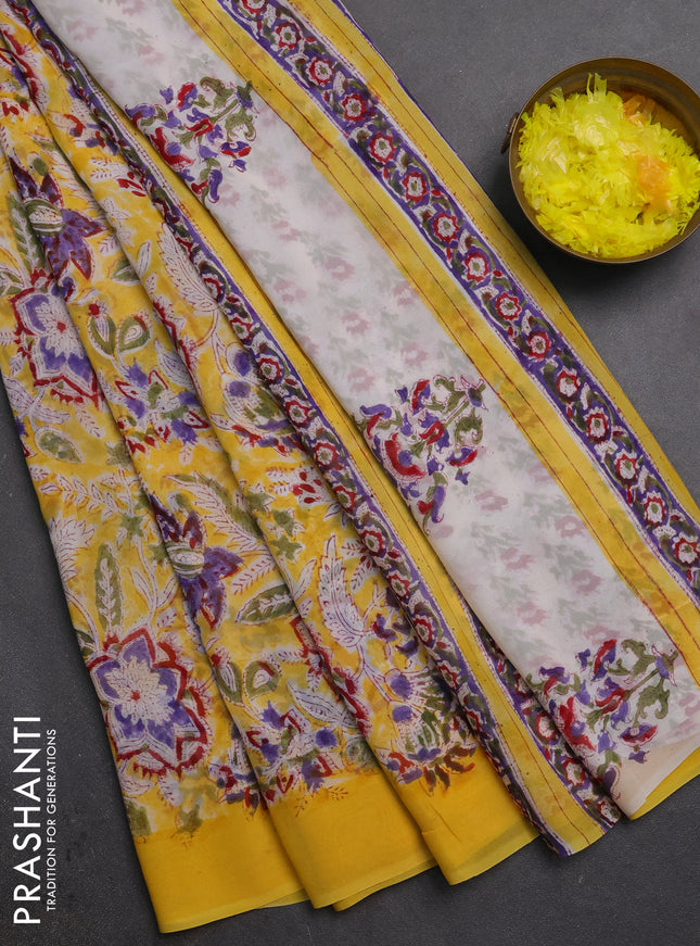 Georgette saree yellow with allover kalamkari block prints and simple border