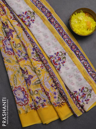 Georgette saree yellow with allover kalamkari block prints and simple border
