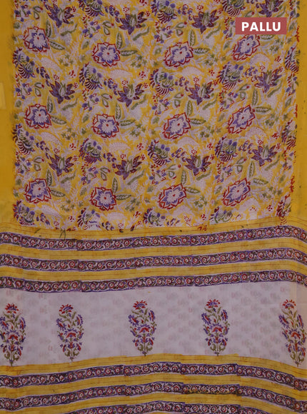 Georgette saree yellow with allover kalamkari block prints and simple border