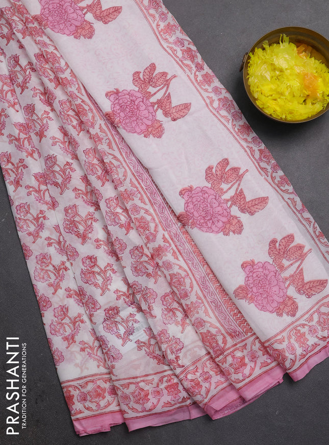 Georgette saree off white and light pink with allover floral block prints and printed border