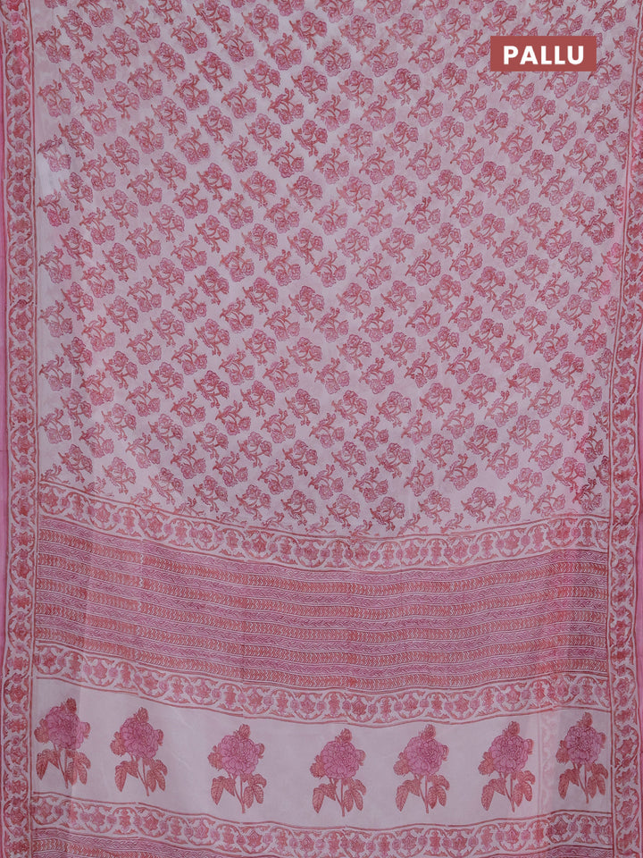 Georgette saree off white and light pink with allover floral block prints and printed border