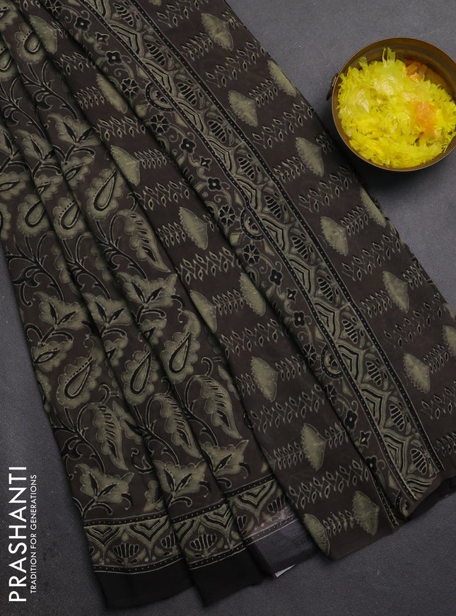 Georgette saree grey and black with allover block prints and printed border