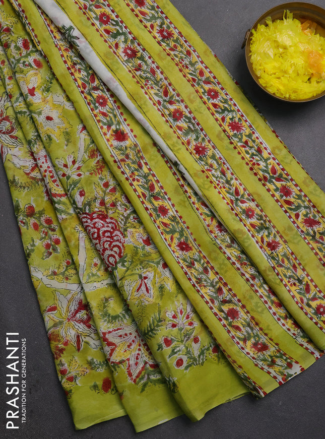 Georgette saree lime green and light green with allover block prints and simple border