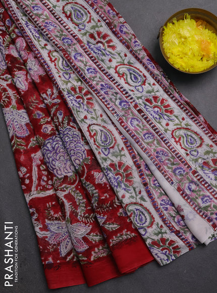 Georgette saree kumkum red and off white with allover block prints and simple border