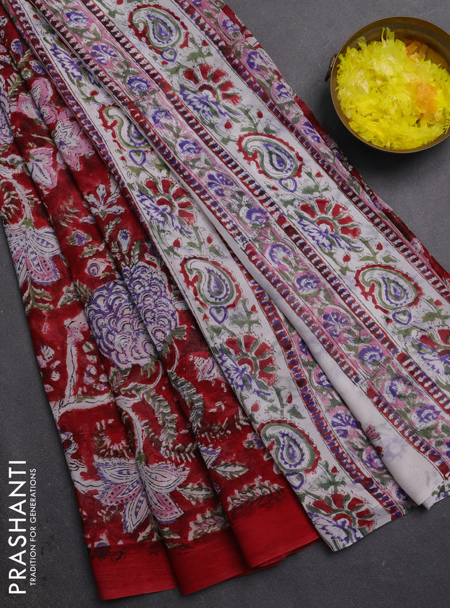 Georgette saree kumkum red and off white with allover block prints and simple border