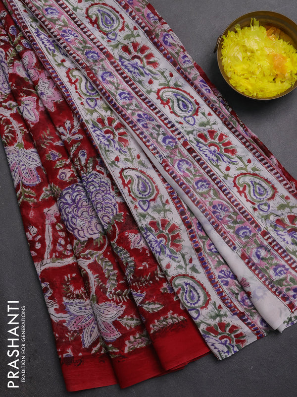 Georgette saree kumkum red and off white with allover block prints and simple border