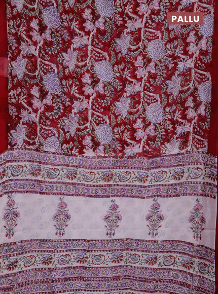 Georgette saree kumkum red and off white with allover block prints and simple border