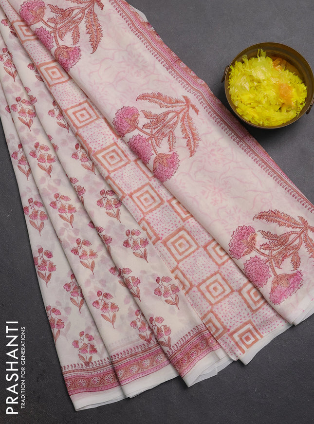 Georgette saree off white and light pink with allover floral butta block prints and printed border