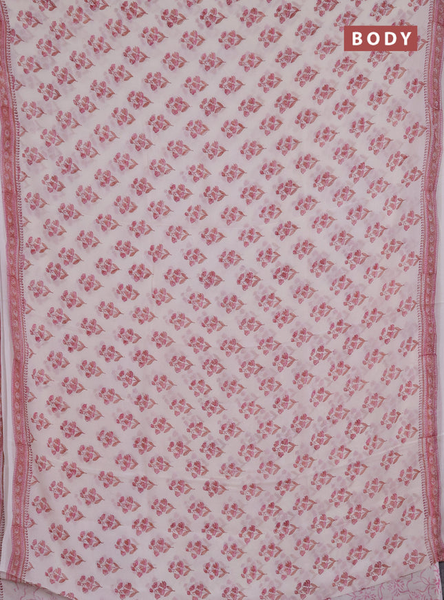 Georgette saree off white and light pink with allover floral butta block prints and printed border