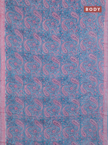 Georgette saree teal blue and light pink with allover block prints and printed border